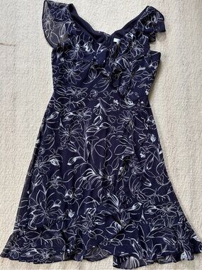 London Times Navy and White Floral Ruffle Dress